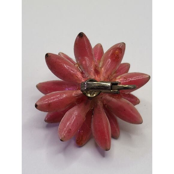 Vintage 1950s Pink Lucite Flower Clip On Earrings with Rhinestones and Beads - Picture 5 of 9